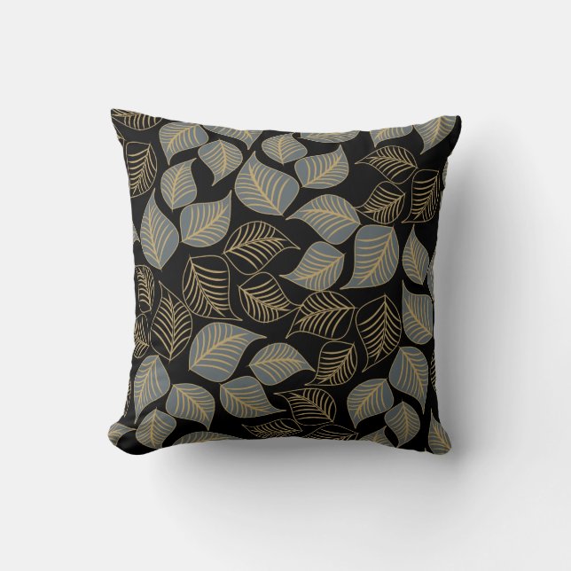 Grey gold broad leaves pattern on black throw pillow (Front)