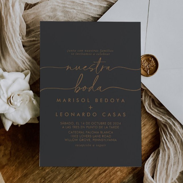 Grey Gold Classic Nuestra Boda Wedding Invitation (Creator Uploaded)