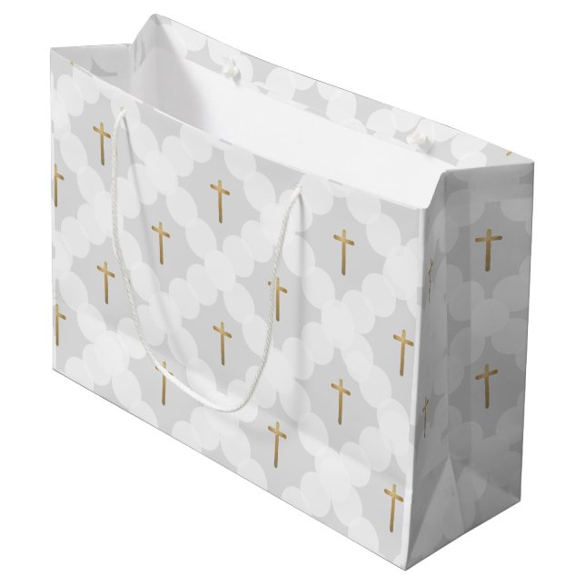Grey Gold Cross Modern circle pattern Large Gift Bag (Front Angled)