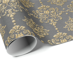Grey Gold Floral Grungy Cottage Damask Sepia Royal Wrapping Paper