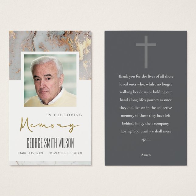 GREY GOLD FOIL SYMPATHY MEMORIAL PRAYER PHOTO CARD (Front & Back)