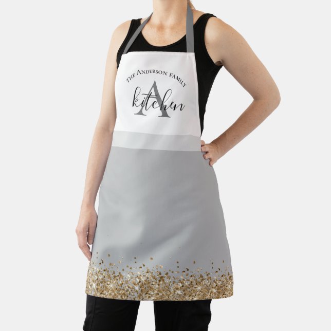 Grey gold glitter custom monogram name apron (Insitu)
