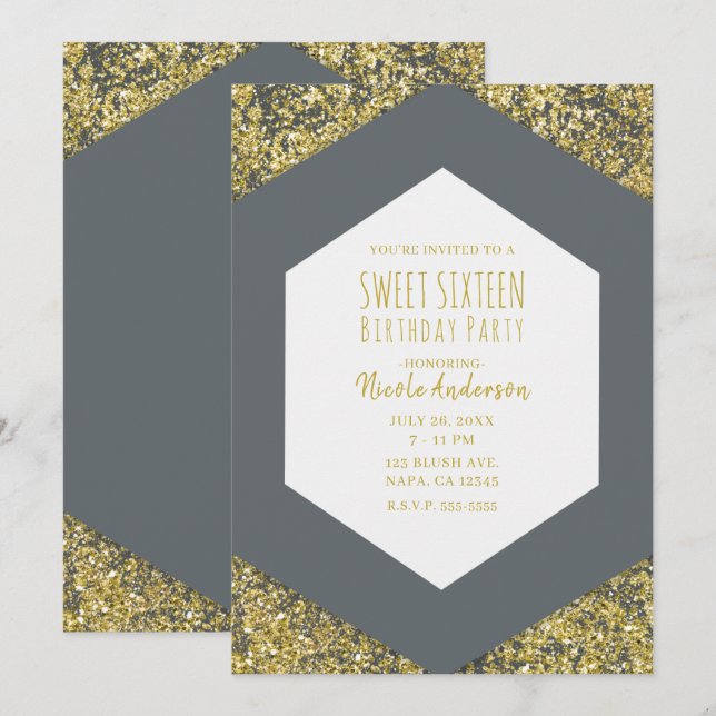 Grey & Gold Glitter Flakes Glam Sweet 16 Party Invitation (Front/Back)