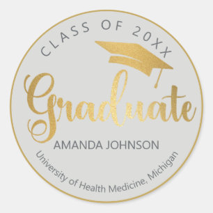 Grey Gold Graduate Name Graduation Classic Round Sticker