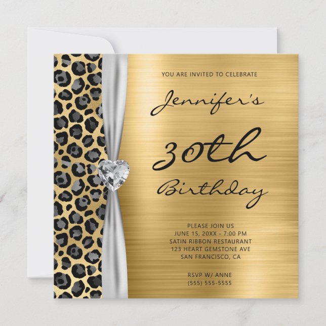 Grey Gold Leopard Foil Gem Ribbon 30th Birthday Invitation (Front)