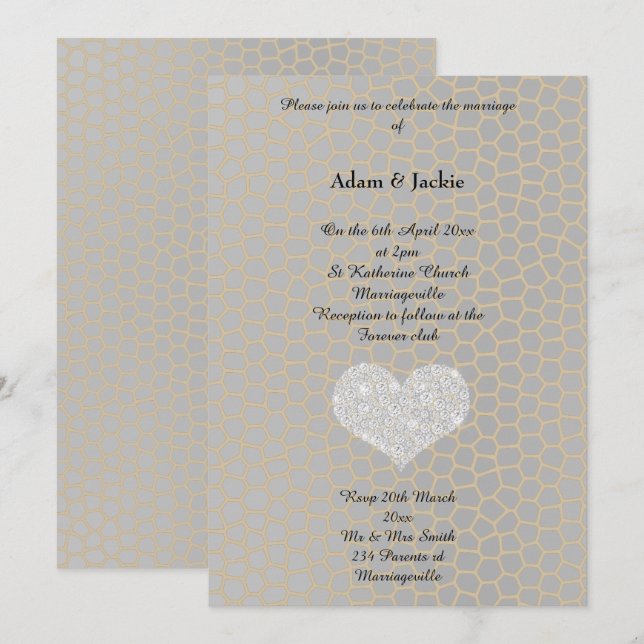 Grey Gold Leopard Print Diamond Heart Wedding Invitation (Front/Back)