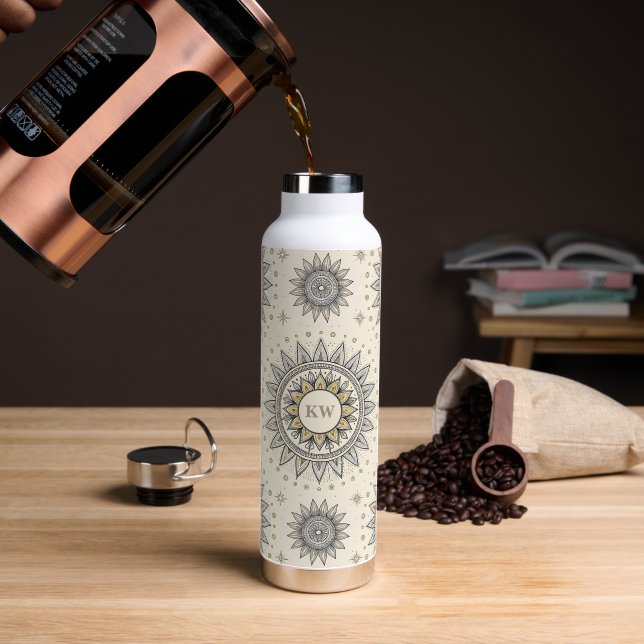 Grey Gold Mandala Pattern Monogram Water Bottle (Coffee (Rotated))