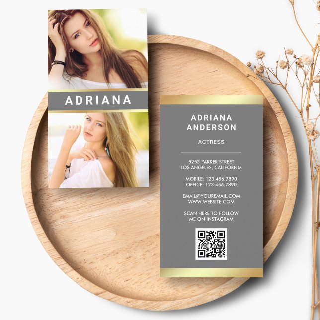 Grey Gold Model Actress QR Code 2 Photo Collage Business Card (Creator Uploaded)