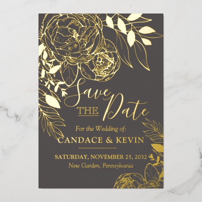 Grey & Gold Modern Floral Peony Save the Date (Front)