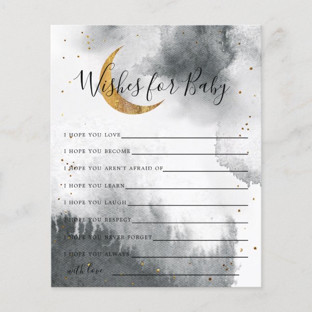 Grey Gold Moon and Stars Wishes for Baby Card (Front)