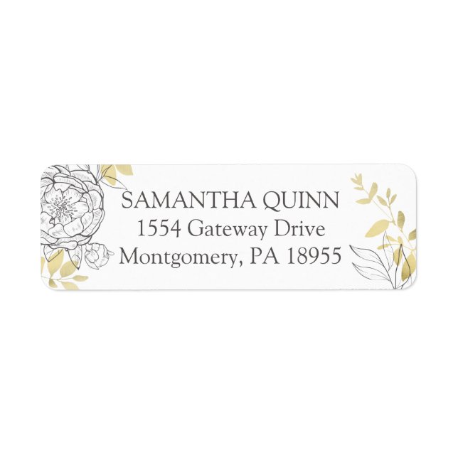 Grey & Gold Peony Floral Return Address Label (Front)