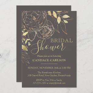 Grey & Gold Peony Modern Floral Bridal Shower Invitation