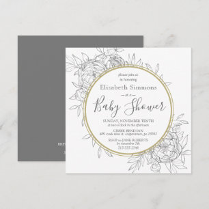 Grey & Gold Peony Modern Floral Toile Baby Shower Invitation