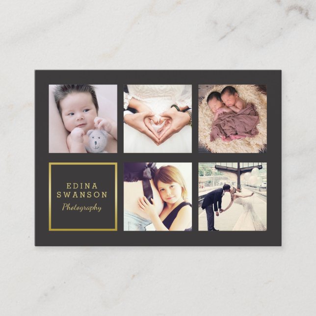 Grey Gold Photo Collage Photographer Business Card (Front)