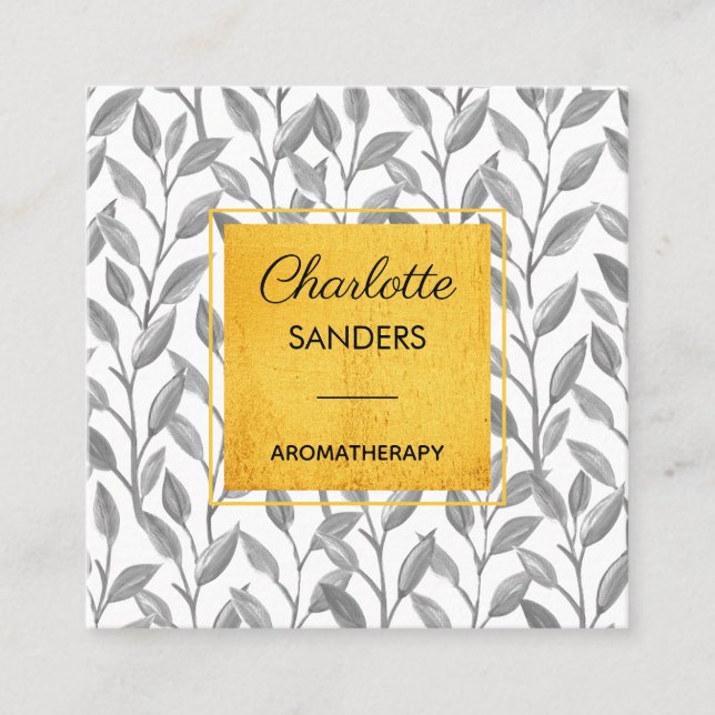 Grey gold pretty floral  square business card (Front)
