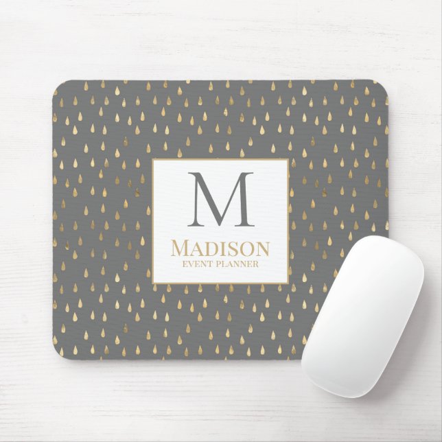 Grey Gold Raindrop Modern Trendy Monogram Mouse Pad (With Mouse)