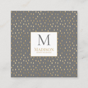 Grey Gold Raindrop Modern Trendy Monogram Square Business Card