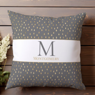 Grey Gold Raindrop Modern Trendy Monogram Throw Pillow