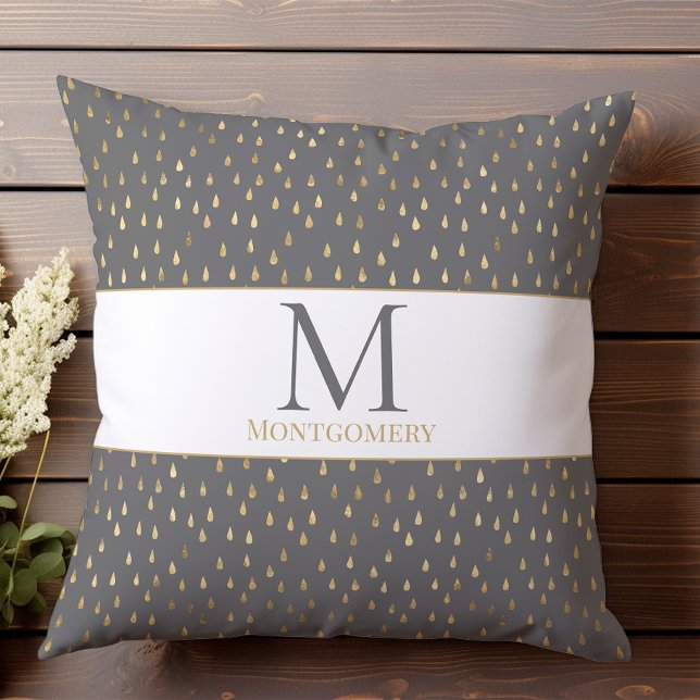 Grey Gold Raindrop Modern Trendy Monogram Throw Pillow (Creator Uploaded)