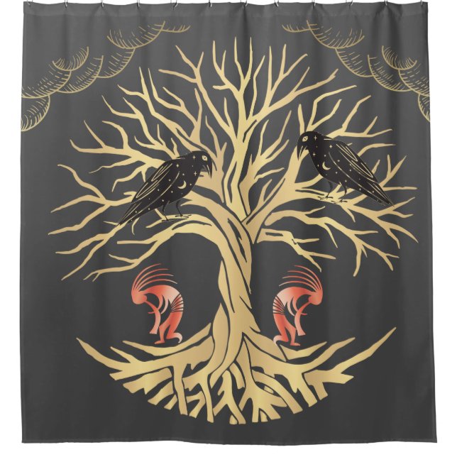 Grey Gold Ravens and Kokopelli Shower Curtain (Front)