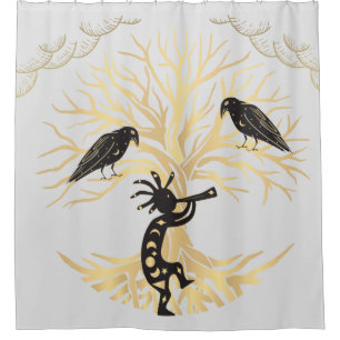 Grey Gold Ravens and Kokopelli Shower Curtain