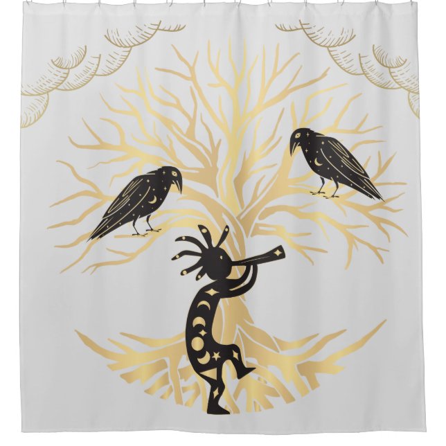 Grey Gold Ravens and Kokopelli Shower Curtain (Front)
