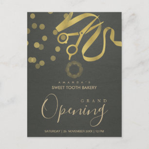 GREY GOLD RIBBON CUTTING GRAND OPENING INVITATION POSTCARD