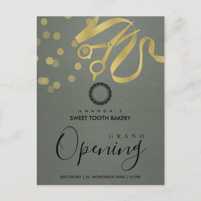 GREY GOLD RIBBON CUTTING GRAND OPENING INVITATION POSTCARD (Front)