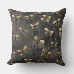 Grey Gold Rustic Firefly Print Throw Pillow