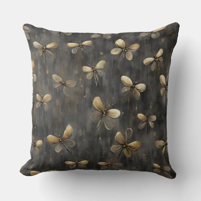 Grey Gold Rustic Firefly Print Throw Pillow (Front)