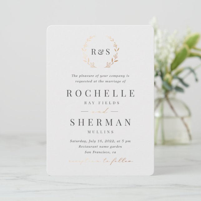 Grey Gold Rustic Simple Leaf Monogram Wedding  Invitation (Standing Front)