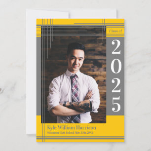 Grey Gold School Colour Graduation Photo Plaid Invitation