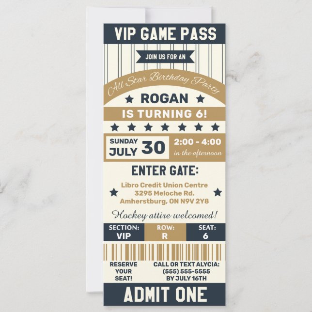 Grey & Gold Sports Themed Ticket Birthday Party Invitation (Front)
