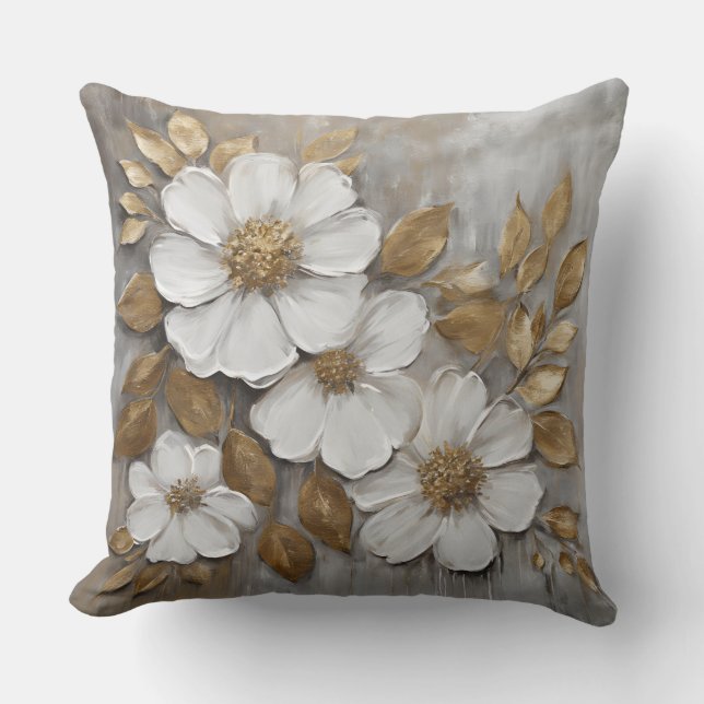 Grey Gold White Bold Floral Throw Pillow (Front)