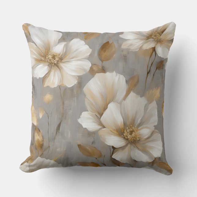 Grey Gold White Floral Home Decor Throw Pillow (Front)