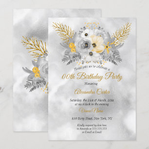 Grey Gold Yellow Floral Bouquet Birthday Party Invitation