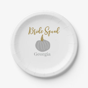 Grey golden pumpkin fall bride squad modern paper plate