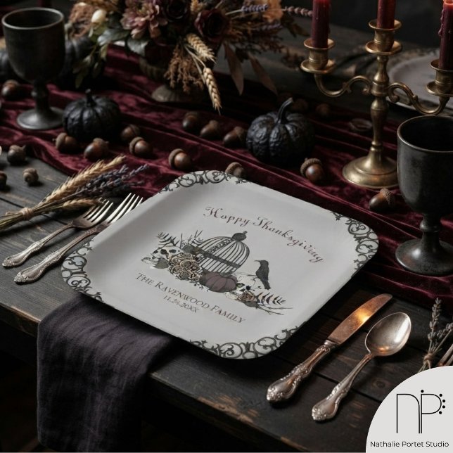 Grey Gothic Give Thanks Victorian Paper Plate (This gray gothic thanksgiving paper plate features hand-drawn victorians art for elegant parties.)