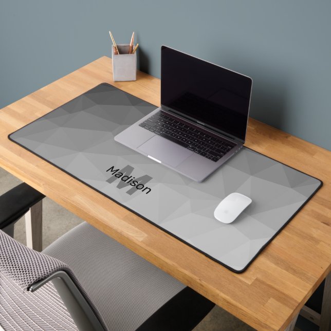 Grey Gradient Geometric Mesh Pattern Monogram Desk Mat (Office 2)
