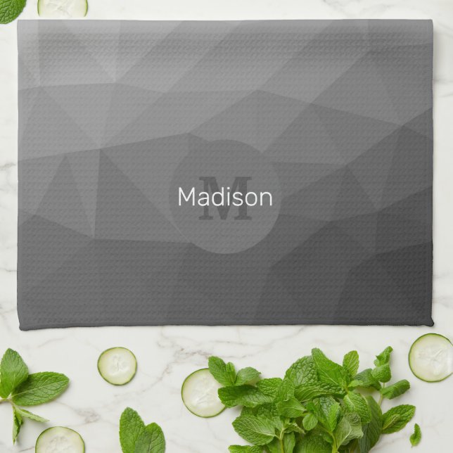 Grey Gradient Geometric Mesh Pattern Monogram Kitchen Towel (Folded)