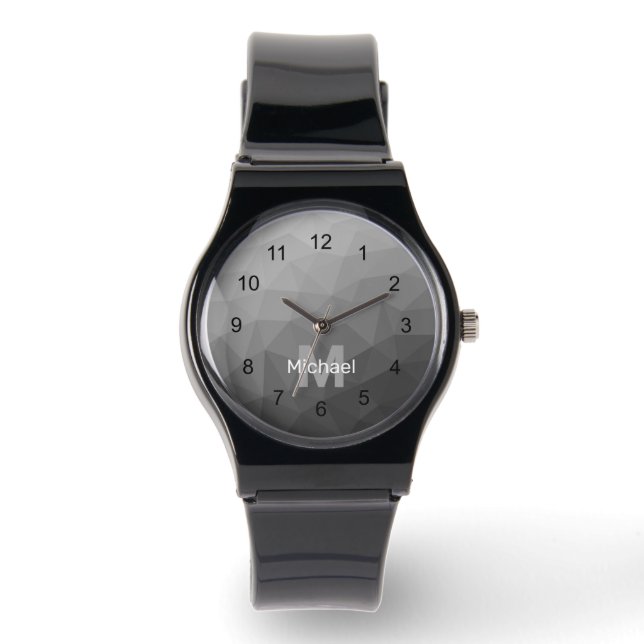 Grey Gradient Geometric Mesh Pattern Monogram Watch (Front)
