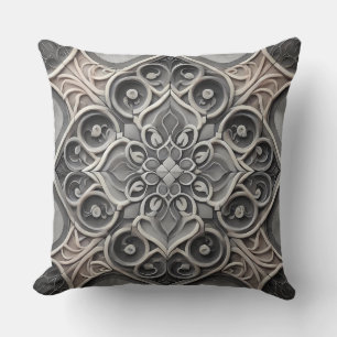 Grey Gradient Mandala Pattern: Serene Mosaic Art Throw Pillow