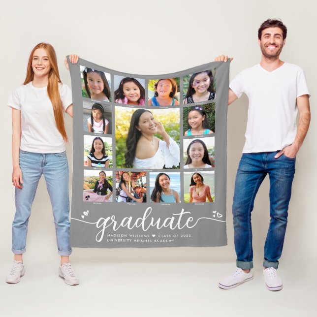Grey Graduation K–12 Modern Script Photo Collage Fleece Blanket (In Situ)