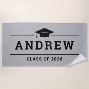 Grey Graduation Party Personalized Name Beach Towel