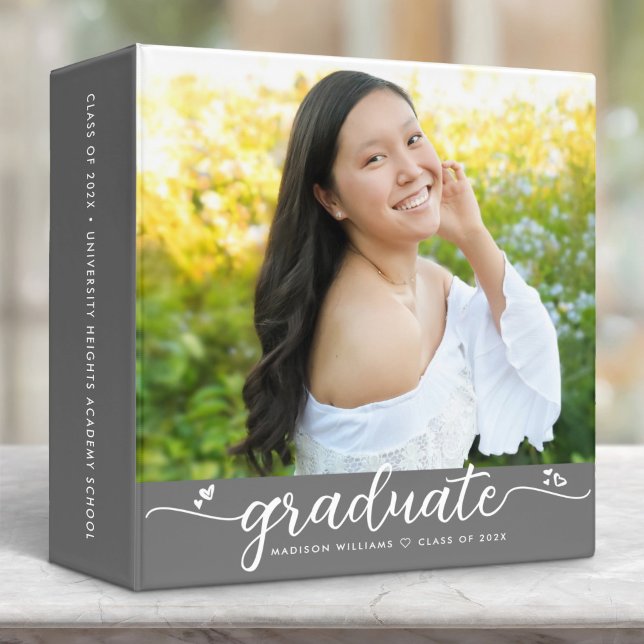Grey Graduation Photo Album Modern Script Hearts  Binder (Creator Uploaded)
