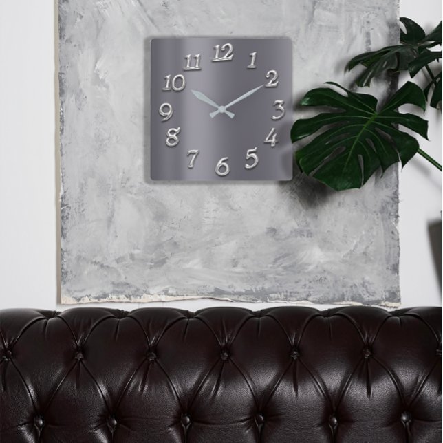 Grey Graphite Metallic Minimal Silver Arabic Numbe Square Wall Clock (FlorenceK Studio Designed in Italy )