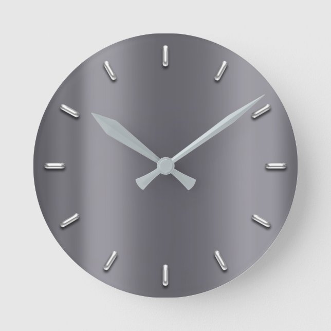 Grey Graphite Metallic Minimal Silver Grey Round Clock (Front)