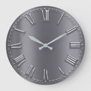 Grey Graphite Metallic Silver Grey Roman Numbers Large Clock