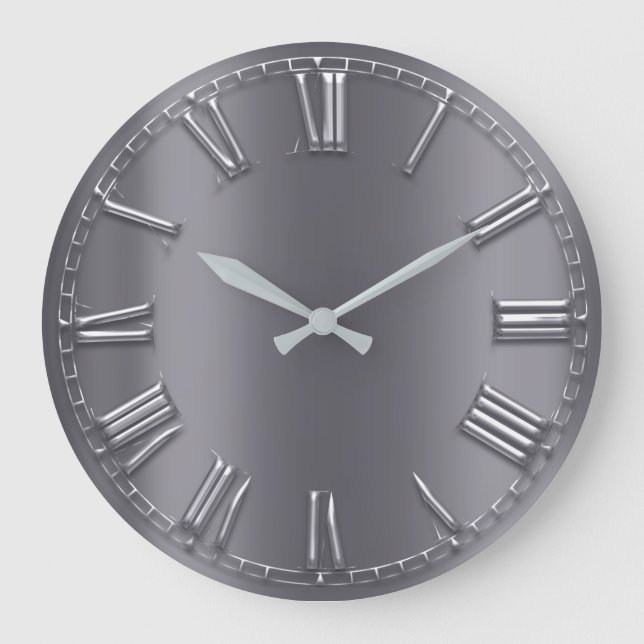 Grey Graphite Metallic Silver Grey Roman Numbers Large Clock (Front)