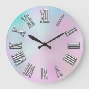 Grey Gray Pink Silver Roman Number Holograph Large Clock